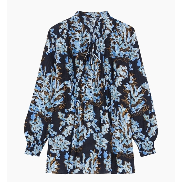 Lafayette 148 New York Floral Pleated Blouse - Black and Blue 💯Silk - Picture 4 of 13